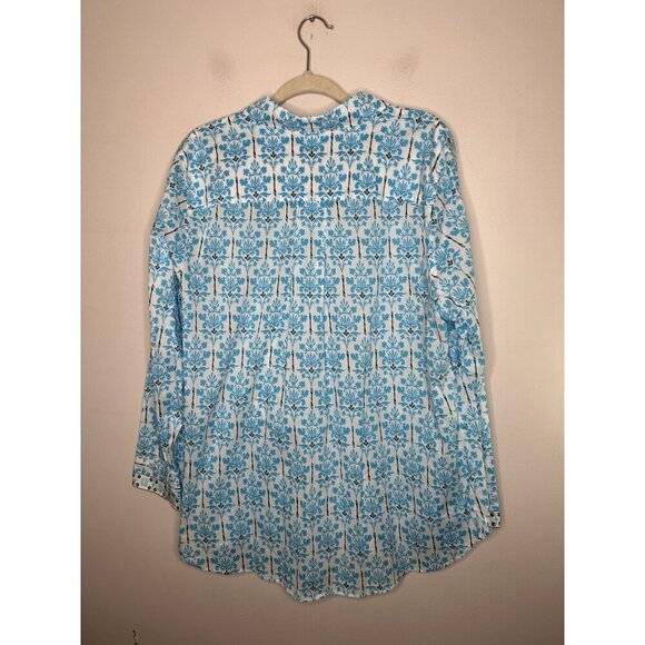 Talbots Plus Blue White Long Sleeve Geometric Button Down Shirt Cotton Size 2X - Picture 9 of 10